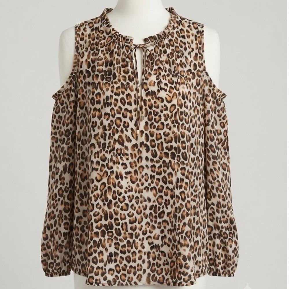 The Limited Collection Leopard Print Cold Shoulder Ruffle Long Blouse 2X NWT